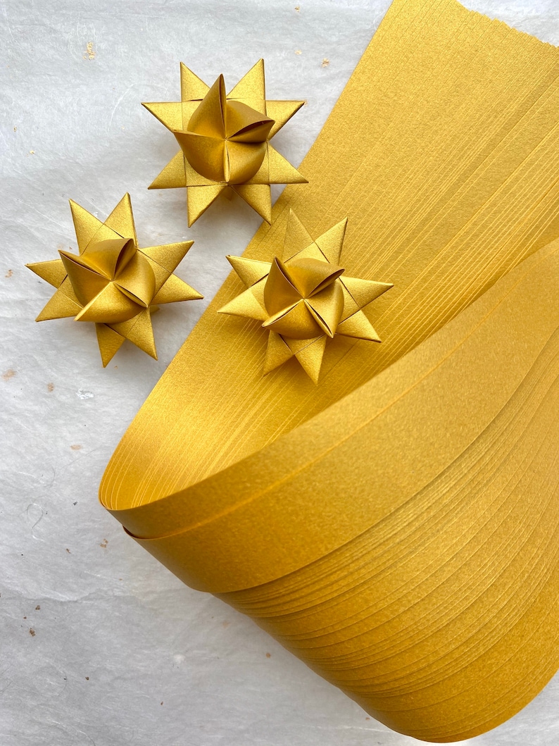 Shimmer Gold, Fine Froebel Moravian German Star Paper Origami Ornaments Classic DIY Weaving Craft Projects 50 strips image 1