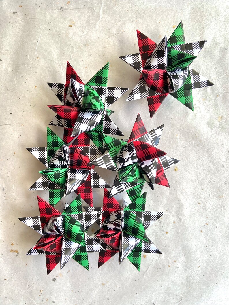 Moravian Paper Star Ornaments Red & Green Christmas Buffalo Plaid 3 inch image 3