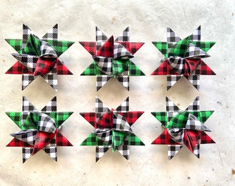 Décorations étoiles en papier morave ~ plaid de Noël rouge et vert (3 pouces)