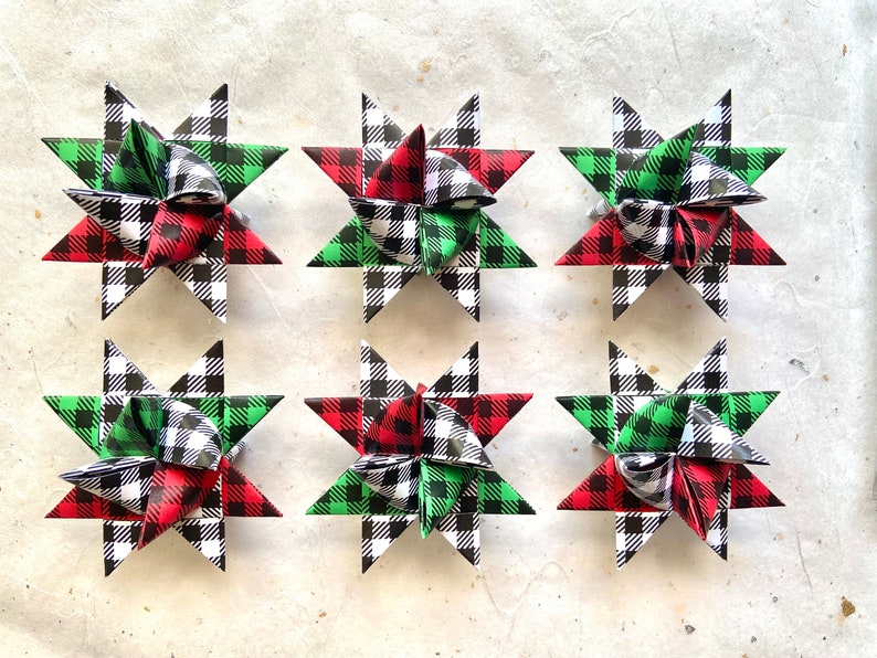Moravian Paper Star Ornaments Red & Green Christmas Buffalo Plaid 3 inch image 1