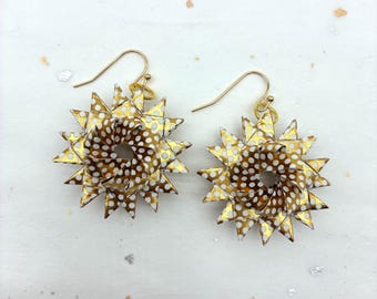 Gold w White Dots~ Paper Sun Earrings (1.25 inch)