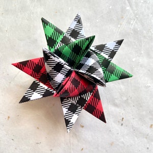Moravian Paper Star Ornaments Red & Green Christmas Buffalo Plaid 3 inch image 4