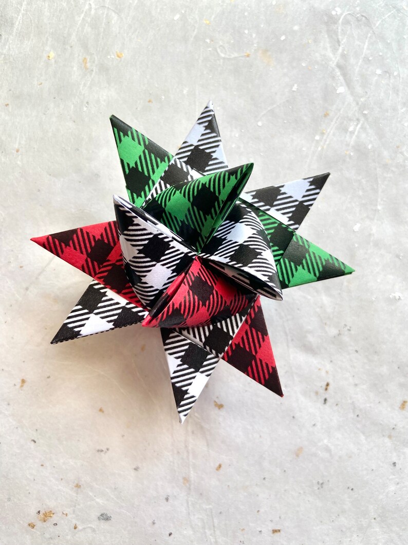 Moravian Paper Star Ornaments Red & Green Christmas Buffalo Plaid 3 inch image 4