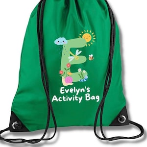 Custom Name Drawstring Bag: Kids PE Gym Bag, Garden Friends Print