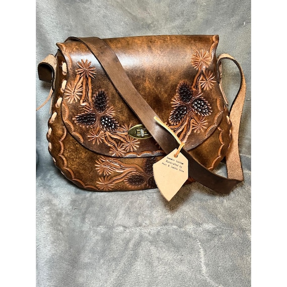 Hand Tooled Leather Pinecone Crossbody Bag Rustic Western Artisan Purse Whimsy