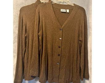 Chico's Design Brown Cardigan Mock L/S Twin Set Sz 2 L Travel Knit USA Vintagr