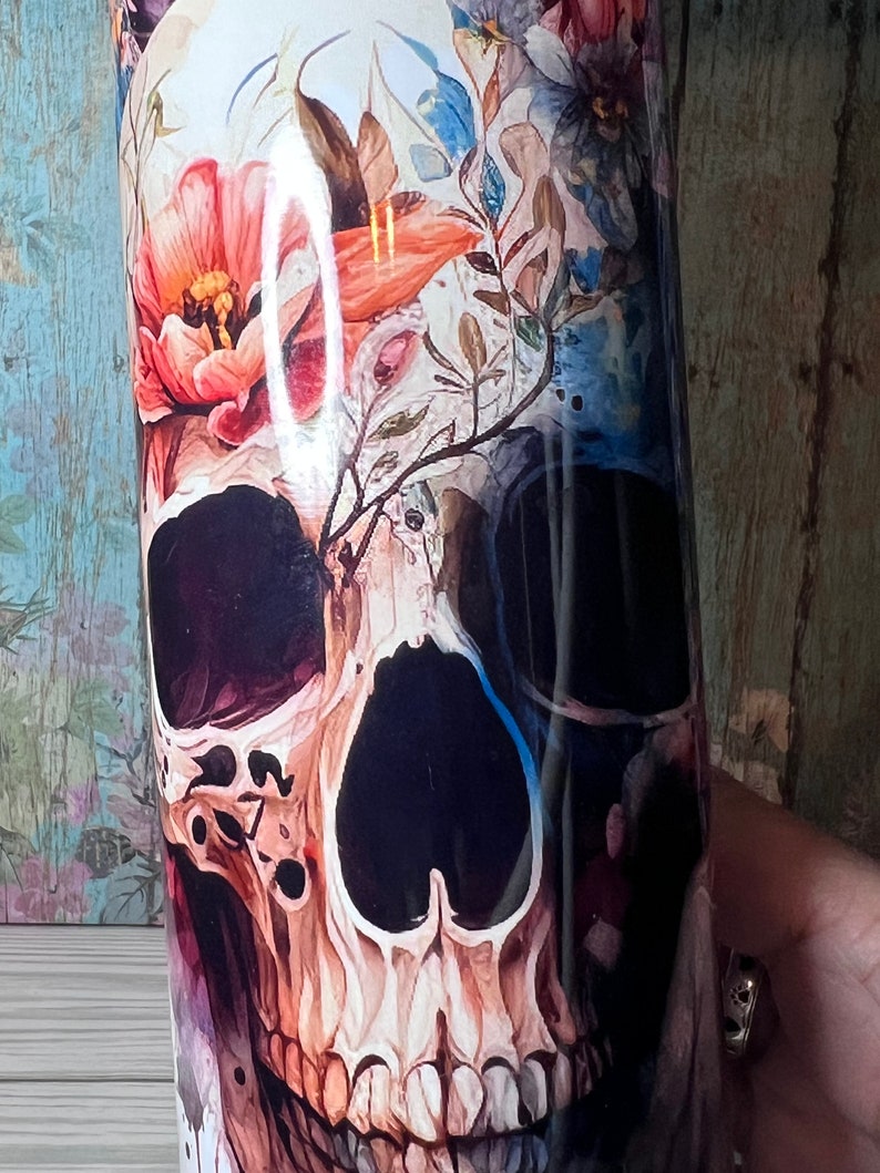 Floral Skull Boho 20 oz Halloween Travel Hot Drink Cold Gift Tumbler Sublimation Crazy Goat Company image 1