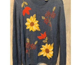 Alfred Dunner XL Ramie Cotton Sweater Floral Beaded Embroidered Fall Cottagecore