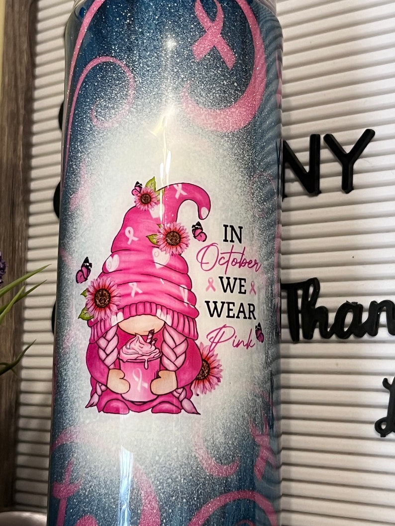 Breast Cancer & Gnomies Navy Pink Tumbler 20 oz by Crazy Goat Teacher Mental Health Custom Travel Hot Drink Cold Gift image 5