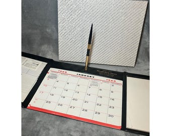 Vintage 1960 Desk Calendar Address Book Set Pen Holder Black Gold Retro USA Prop