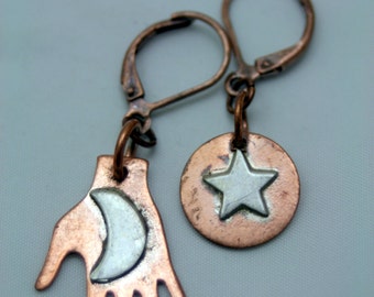 She held the Moon in her Hand Copper n Sterling Silver Dangle Earrings Mixed Metals