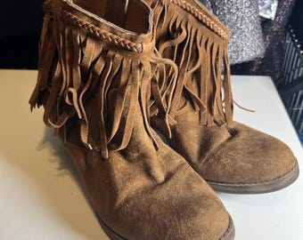 80s Boho Festival Brown Fringe Ankle Boots Womens 7.5 Western Hippie Rock Candy