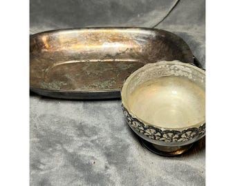 Vintage Silverplate Serving Tray Bowl Set Mixed Lot Pedestal Dish 10in