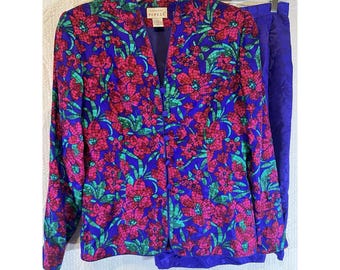 Adrianna Papell Womens Multicolor Floral Silk Blazer Skirt Suit Set 2 Pc Size 8