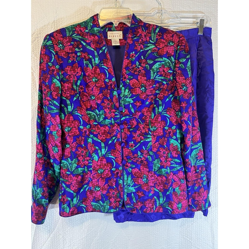 Adrianna Papell Womens Multicolor Floral Silk Blazer Skirt Suit Set 2 Pc Size 8 image 1