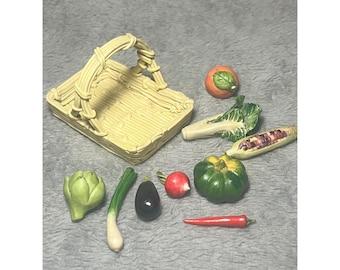 Vintage Mini Ceramic Porcelain Vegetable Basket Set 3in Cottage Kitchen Display