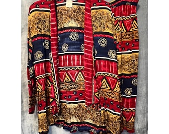 Vintage Rayon Tribal Print Beaded Pant Set Boho Artsy Culotte Outfit M Read