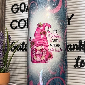 Breast Cancer & Gnomies Navy Pink Tumbler 20 oz by Crazy Goat Teacher Mental Health Custom Travel Hot Drink Cold Gift image 1