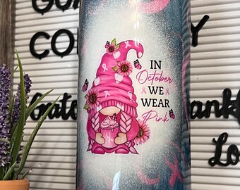 Breast Cancer & Gnomies Navy Pink Tumbler 20 oz by Crazy Goat Teacher Mental Health Custom Travel Hot Drink Cold Gift