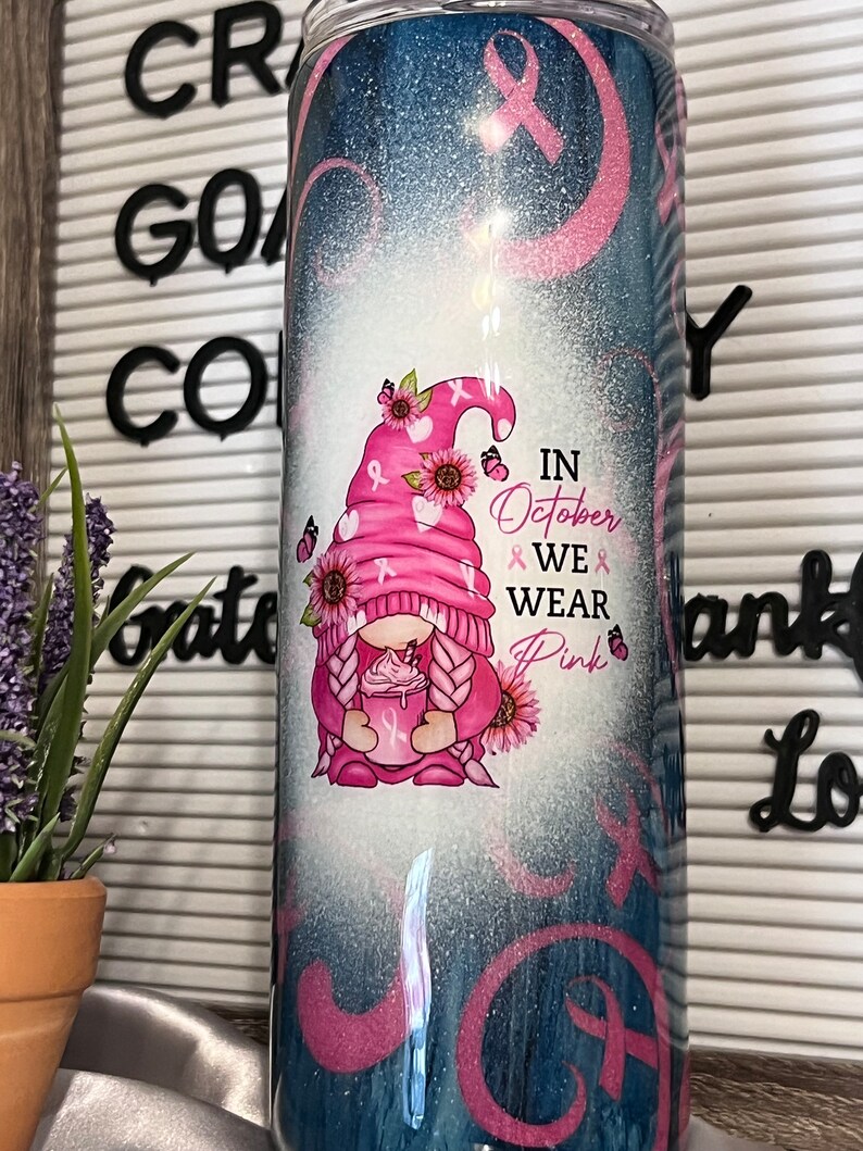 Breast Cancer & Gnomies Navy Pink Tumbler 20 oz by Crazy Goat Teacher Mental Health Custom Travel Hot Drink Cold Gift image 1
