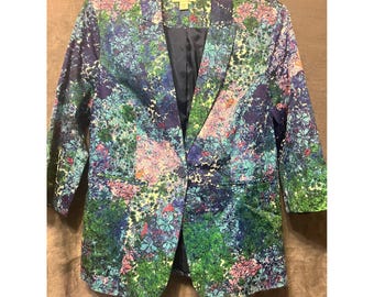 Coldwater Creek Floral Blazer Womens Size 14 Blue Green Pink Stretch Jacket Y2K