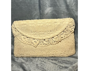 Vintage Crochet Clutch Cream Lace Boho Envelope Purse Hong Kong 1970s 11in