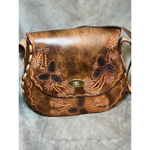 Hand Tooled Leather Pinecone Crossbody Bag Rustic Western Artisan Purse Whimsy View 2