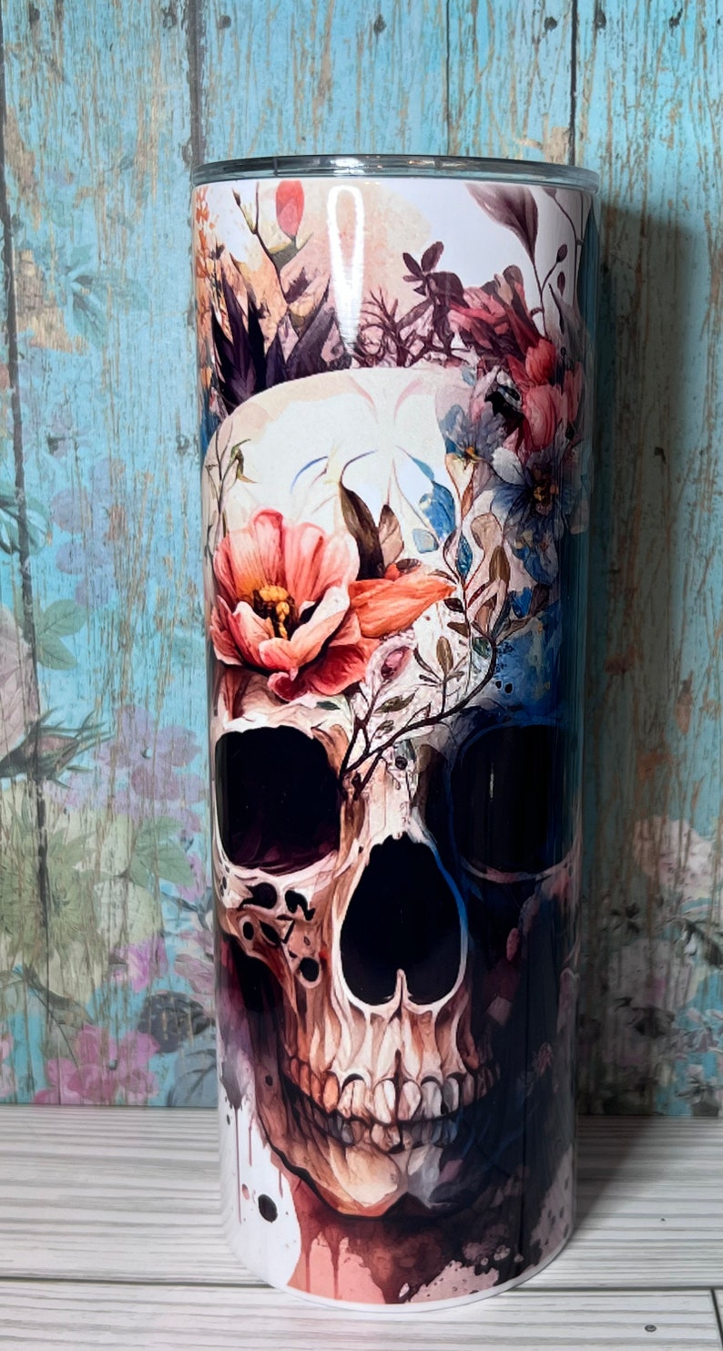 Floral Skull Boho 20 oz Halloween Travel Hot Drink Cold Gift Tumbler Sublimation Crazy Goat Company image 2