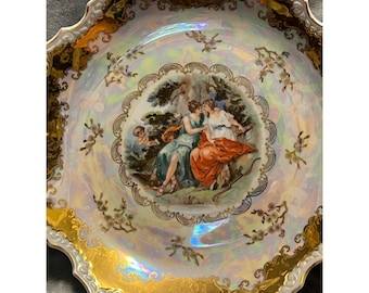 Kahla Germany Lusterware Serving Bowl Gold Gilt Figural Scene 12" VTG GDR