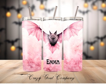 October Pink Cute Bat Personalized 20 Travel Tumbler Custom Name Gift Halloween