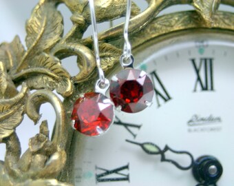 Shimmer Crystal Red Magma Dangle Sterling Silver Earrings Swarovski Elements 39ss 8mm Enchanting