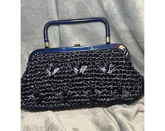 Vintage Navy Blue Woven Raffia Handbag Lucite Frame Top Handle Purse Retro
