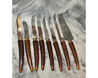 Vintage Regal Crest Sheffield England Knife Set 8 Faux Stag Handles MCM USA