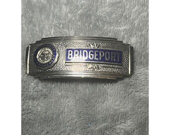 Vintage University Of Bridgeport Belt Buckle Silver Tone Blue Enamel Retro