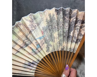 Chinese Folding Hand Fan Bamboo Paper Landscape Calligraphy 13 In Vintage Style!
