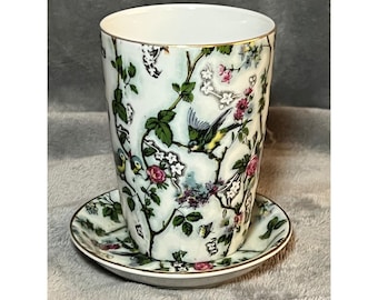 Vintage Andrea Sadek Lelle Japan Bird Floral Water Cup w Saucer 4"
