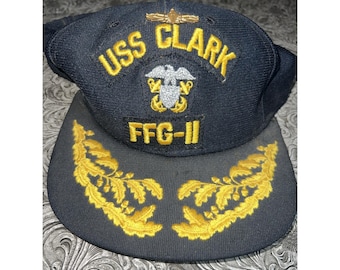 Vintage Hats USS Clark FFG-11 Snap Back Cap Made in USA Navy officer Pin