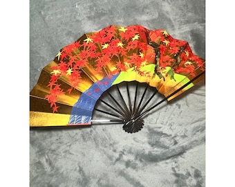 Vintage Japanese Folding Fan Cherry Blossom Gold Landscape Hand Fan 10in