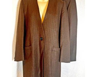 Vintage Pinstrip Long Jacket Skirt Suit 10 Quiet Luxury Minimalist Dark Academia