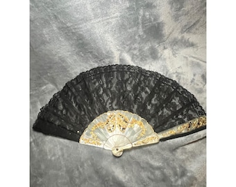 Vintage Black Lace Fan Faux Mother of Pearl Gold Detail Folding Hand Fan 15in