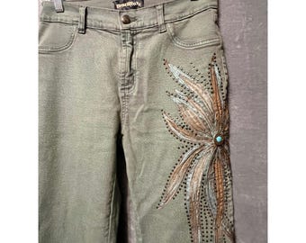 BrazilRoxx Embellished Green Jeans Y2K Studded Floral Bootcut Women 6 Boho