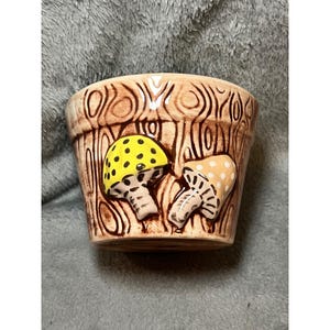 May include: A ceramic flower pot with a brown wood-grain design. Two mushroom designs are featured on the front, one with a yellow cap and black spots, and the other with a beige cap and brown spots. The pot is a light beige color.