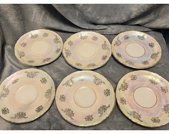 Juego de 6 platillos Kahla Alemania, cristal iridiscente con brillo dorado y borde floral, RDA vintage.