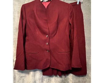 Vintage Evan Picone Wool Suit Set Burgundy Blazer Skirt Collarless 10 Career