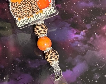 Happy Fall Y'all Leopard  Badge Reel Bejeweled Halloween Crazy Goat Company