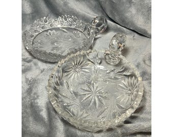 Vintage Cut Glass Nappy Dishes Set of 2 Floral Starburst Crystal 6 Inch Clear