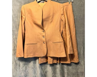 Vintage Evan Picone Wool Suit Set Camel Blazer Skirt Collarless Size 10 Career