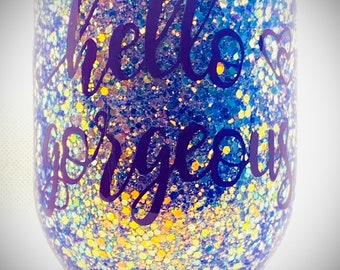 Hello Gorgeous Purple Glitter Tumbler Summer Sippin' Personalized