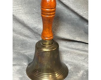 Brass Hand Bell Wood Handle Made In India Vintage School Dinner Call Bell