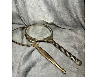 Vintage Vanity Hand Mirror Duo Floral & Ornate Gold Tone Lot of 2